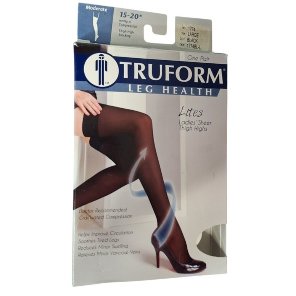 Truform Lites Ladies Sheer Thigh High Stockings Moderate Compression Black Large